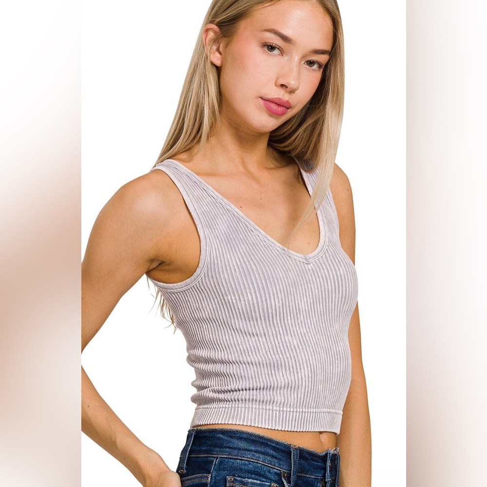 Zenana NWOT Washed Ribbed Cropped Tank Top With 2-Way Neckline L/XL